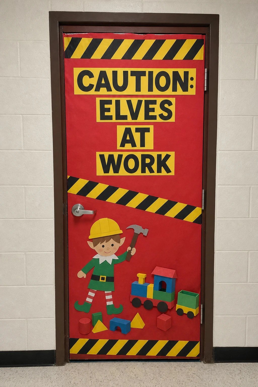 A classroom door with caution stripes and a paper elf in a hard hat