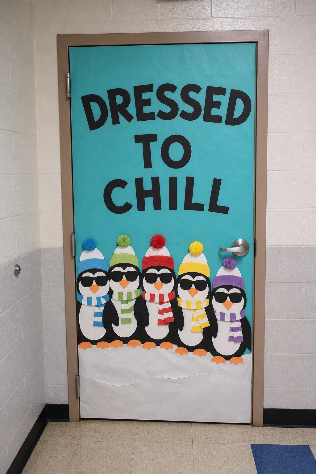 A classroom door with paper penguins in sunglasses and scarves