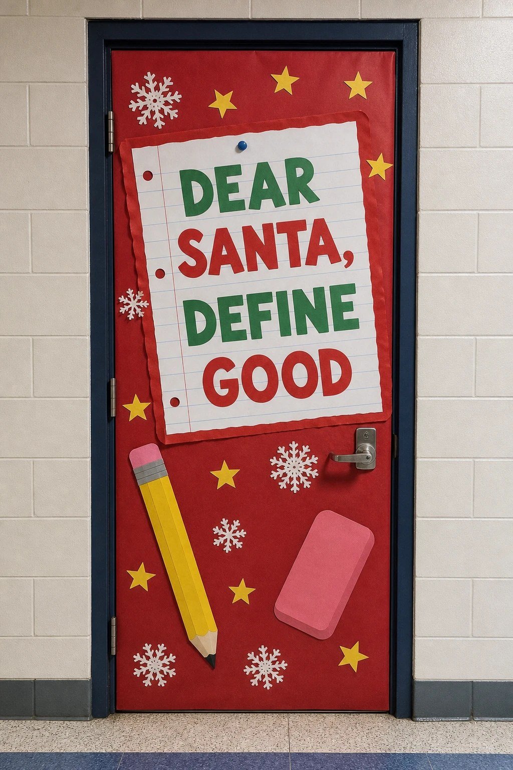 A classroom door with a giant letter to Santa and a paper pencil