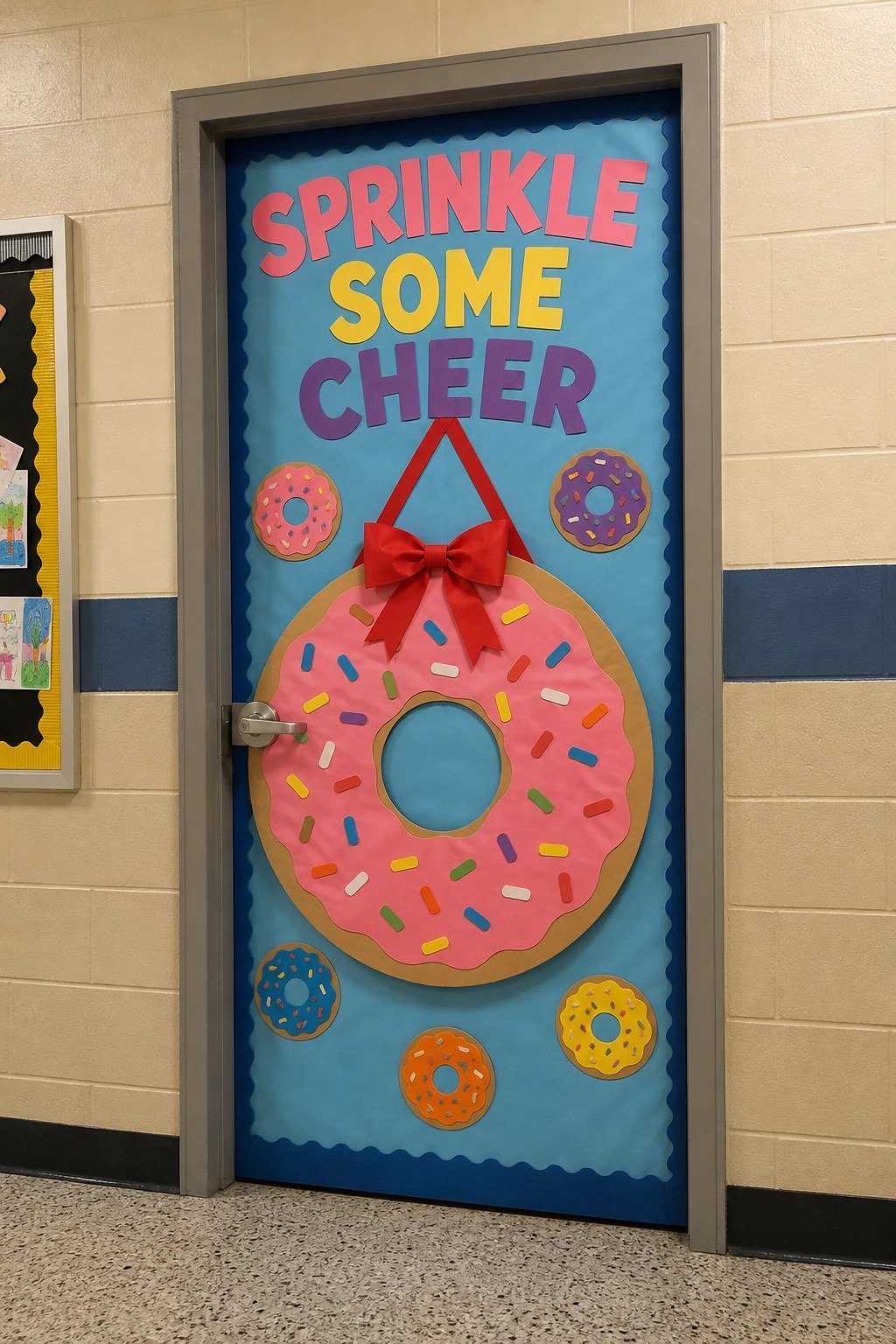 A classroom door with a giant paper donut wreath with sprinkles