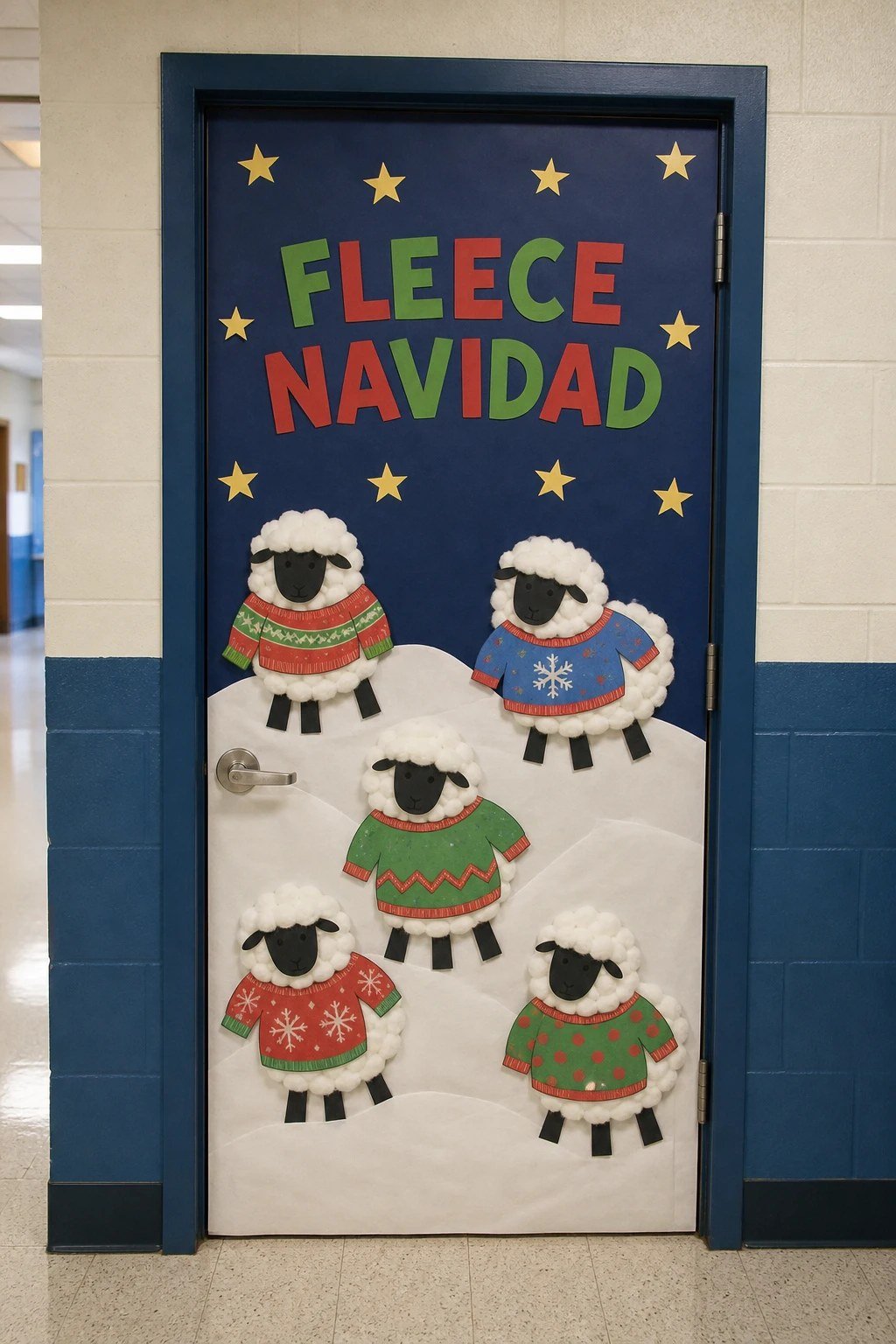 A classroom door with fluffy cotton ball sheep in tiny paper sweaters