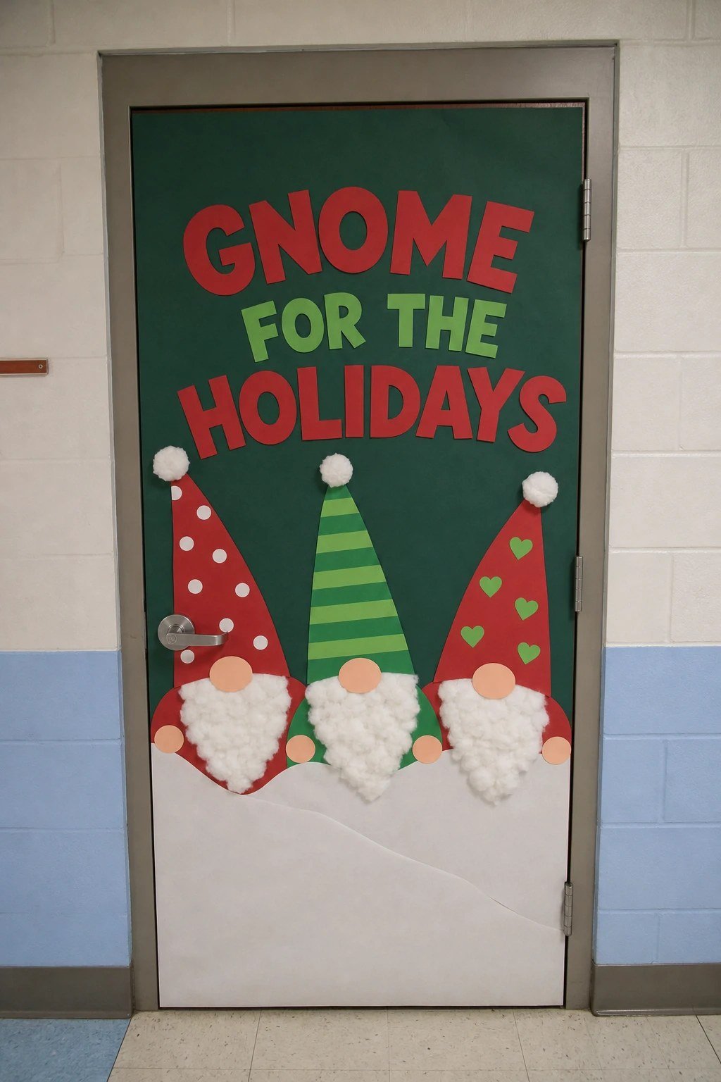 A classroom door with paper gnomes with fluffy beards