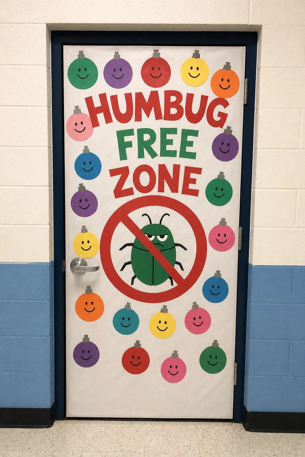 A classroom door with a no-humbug sign and smiling paper ornaments