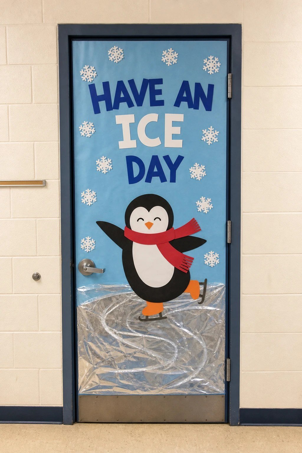 A classroom door with a paper penguin sliding on a foil ice rink