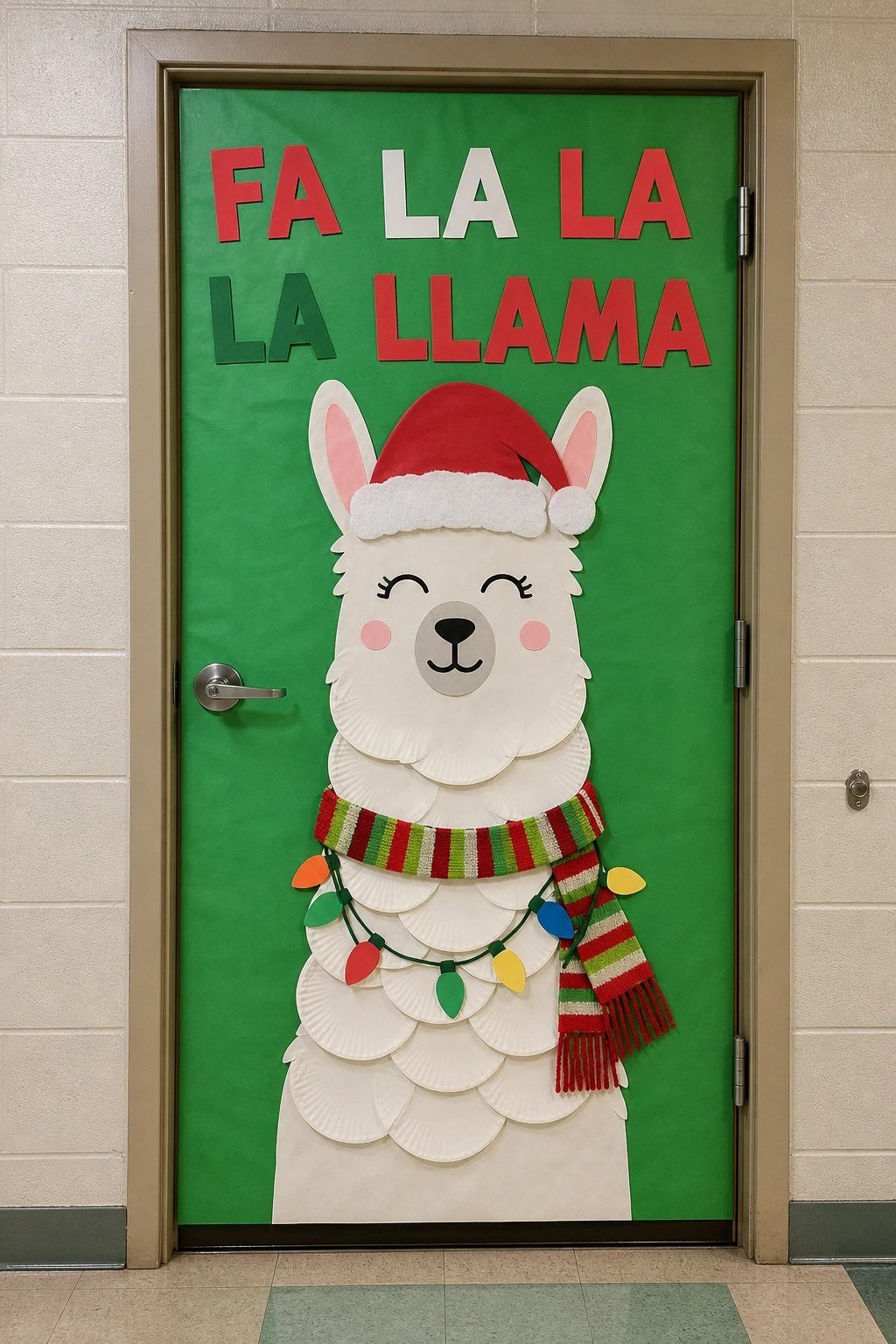 A classroom door with a paper llama in a Santa hat and the words Fa La La La Llama