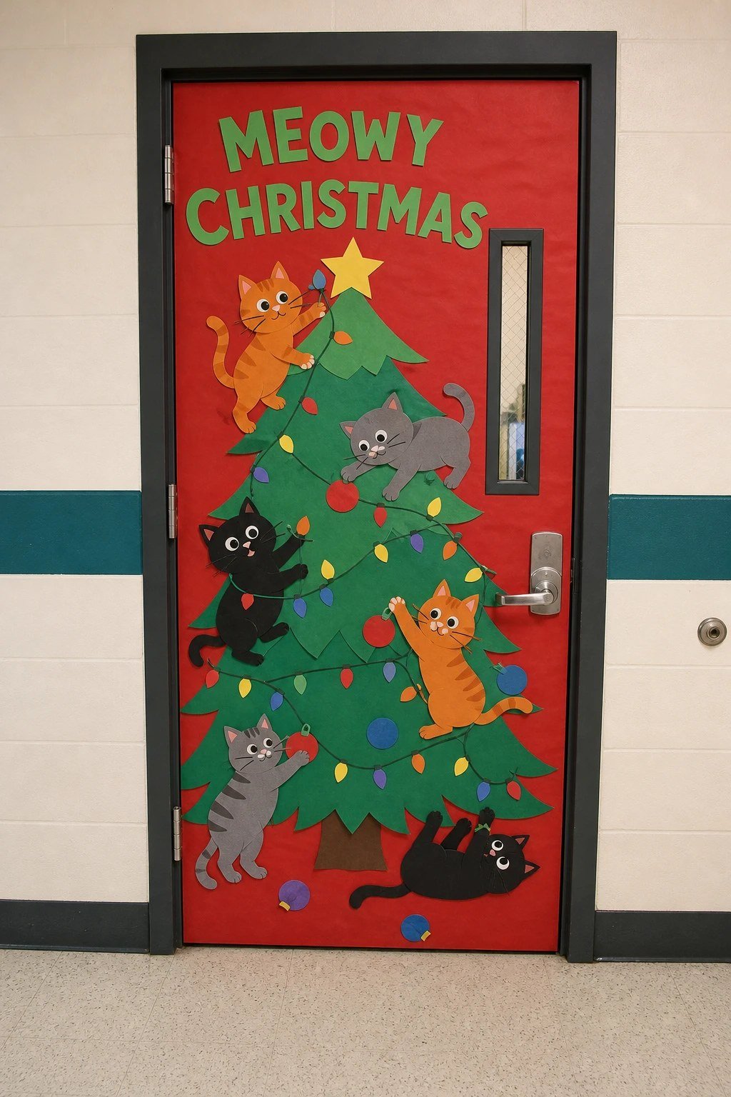 A classroom door with paper cats tangled in lights on a paper tree