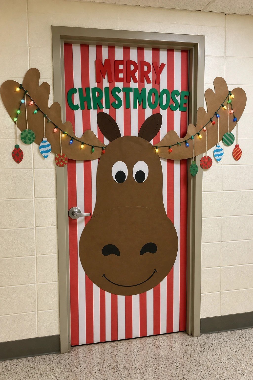 A classroom door with a giant paper moose wearing ornaments on its antlers