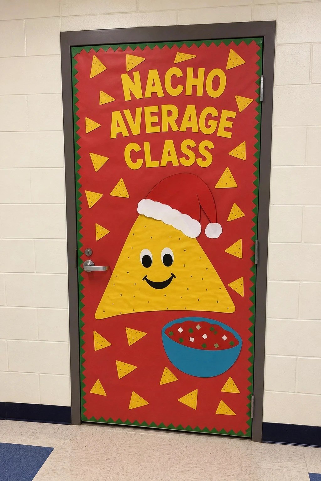 A classroom door with a giant paper nacho chip wearing a Santa hat