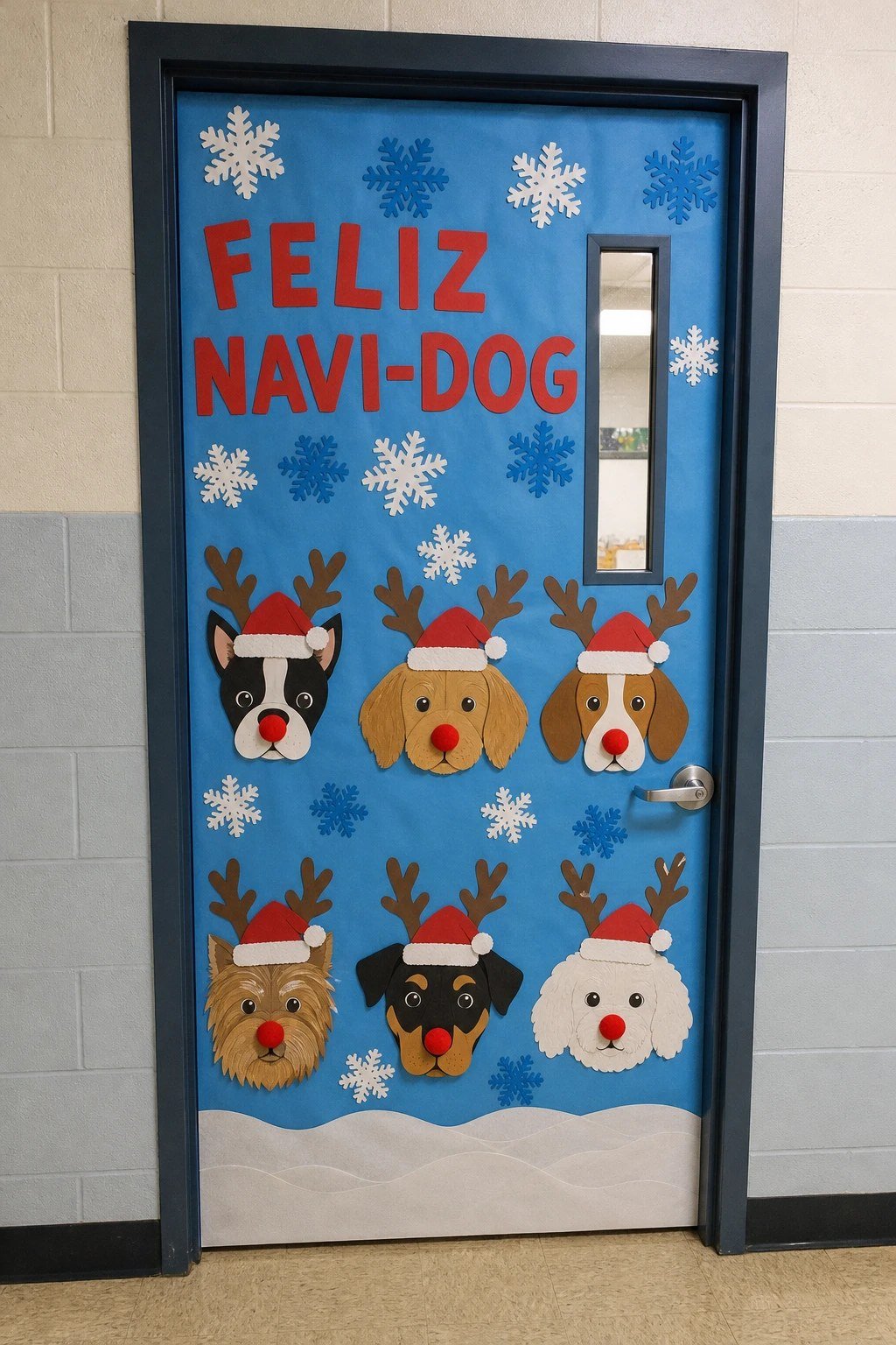 A classroom door with paper puppies in Santa hats and reindeer antlers