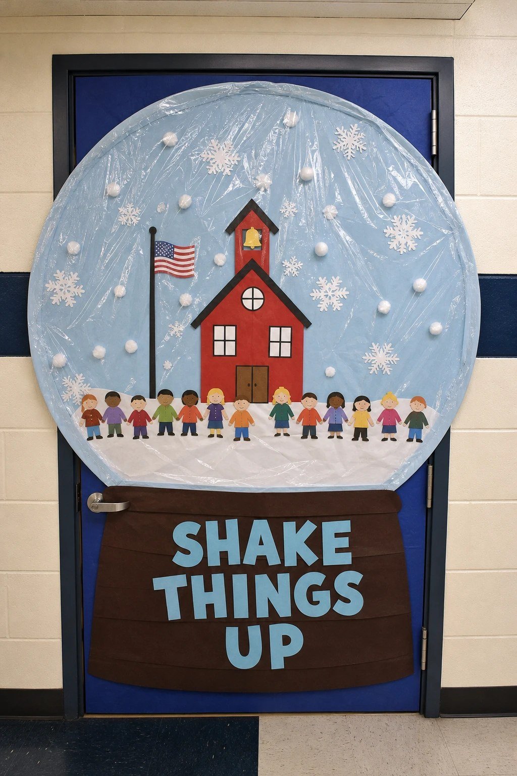 A classroom door decorated as a giant snow globe with the class inside