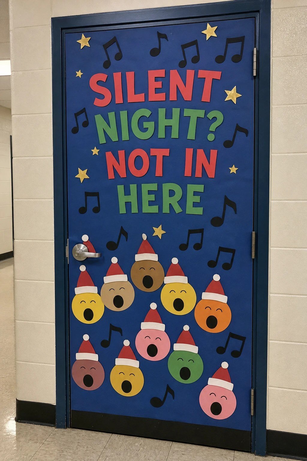 A classroom door with a paper choir and flying music notes