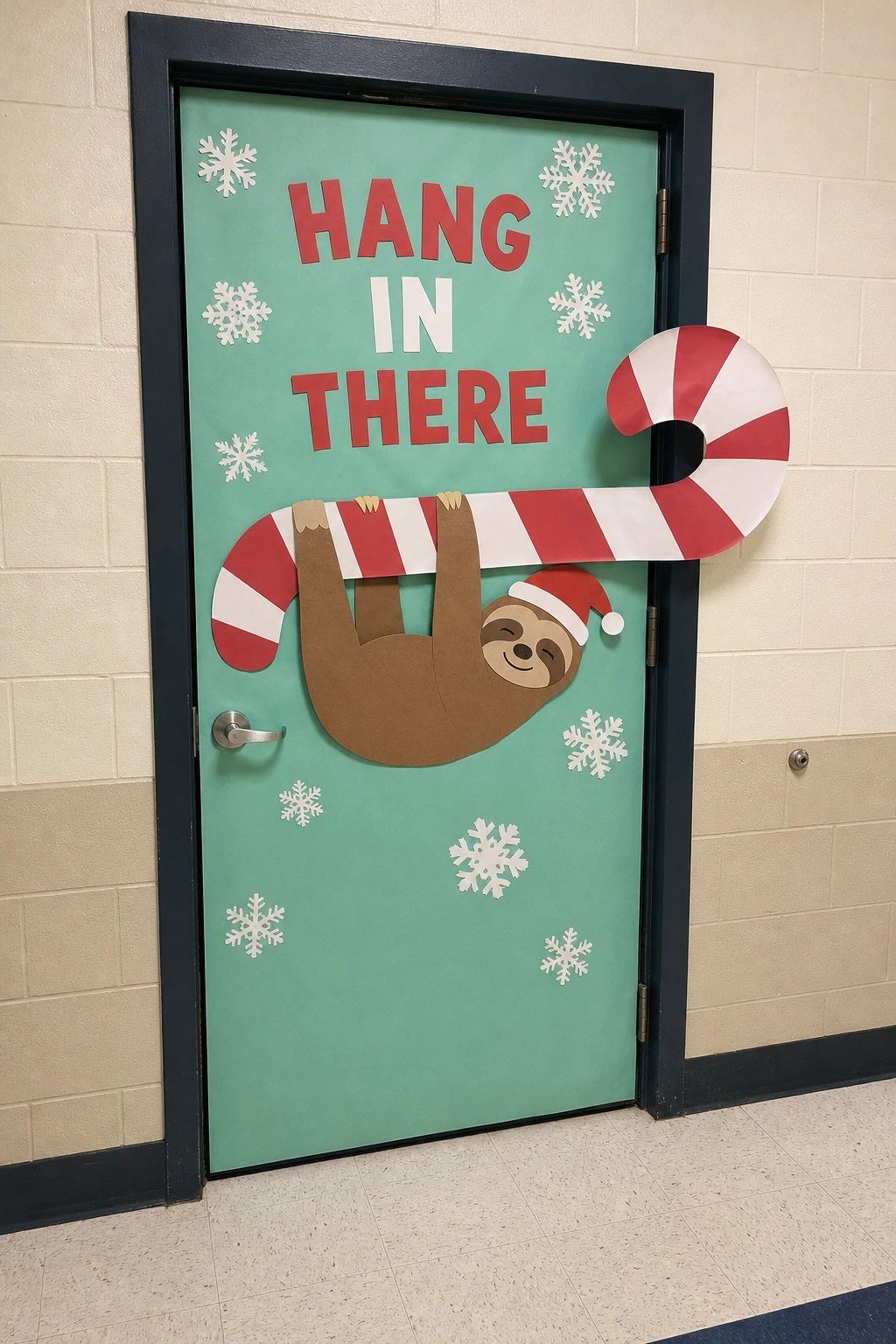A classroom door with a paper sloth hanging from a giant candy cane