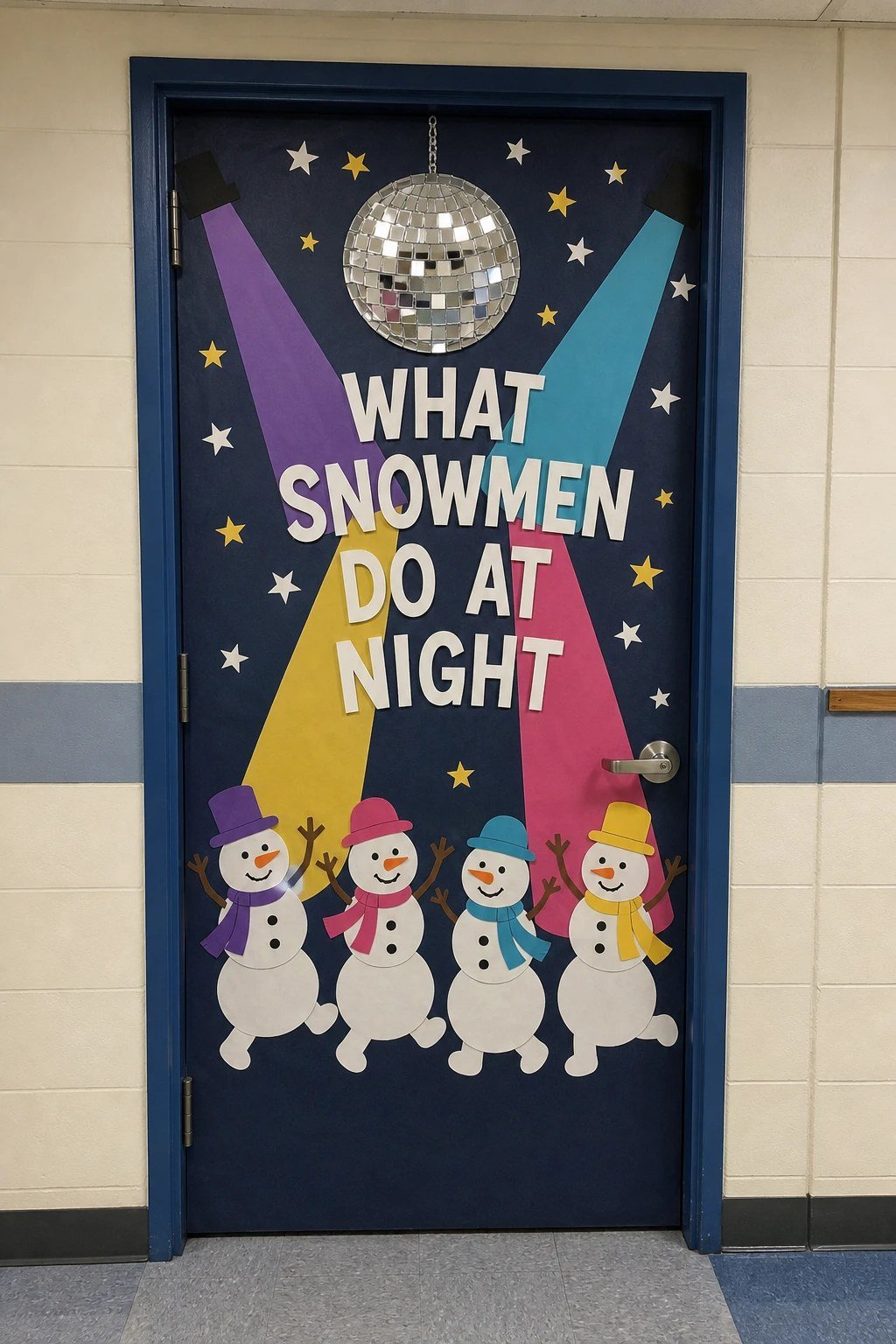 A classroom door with paper snowmen dancing under a disco ball