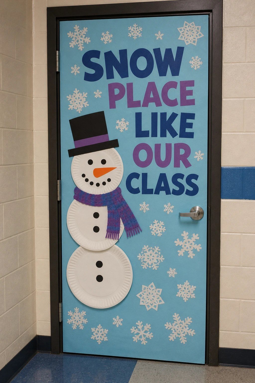 A classroom door with a paper plate snowman and paper snowflakes
