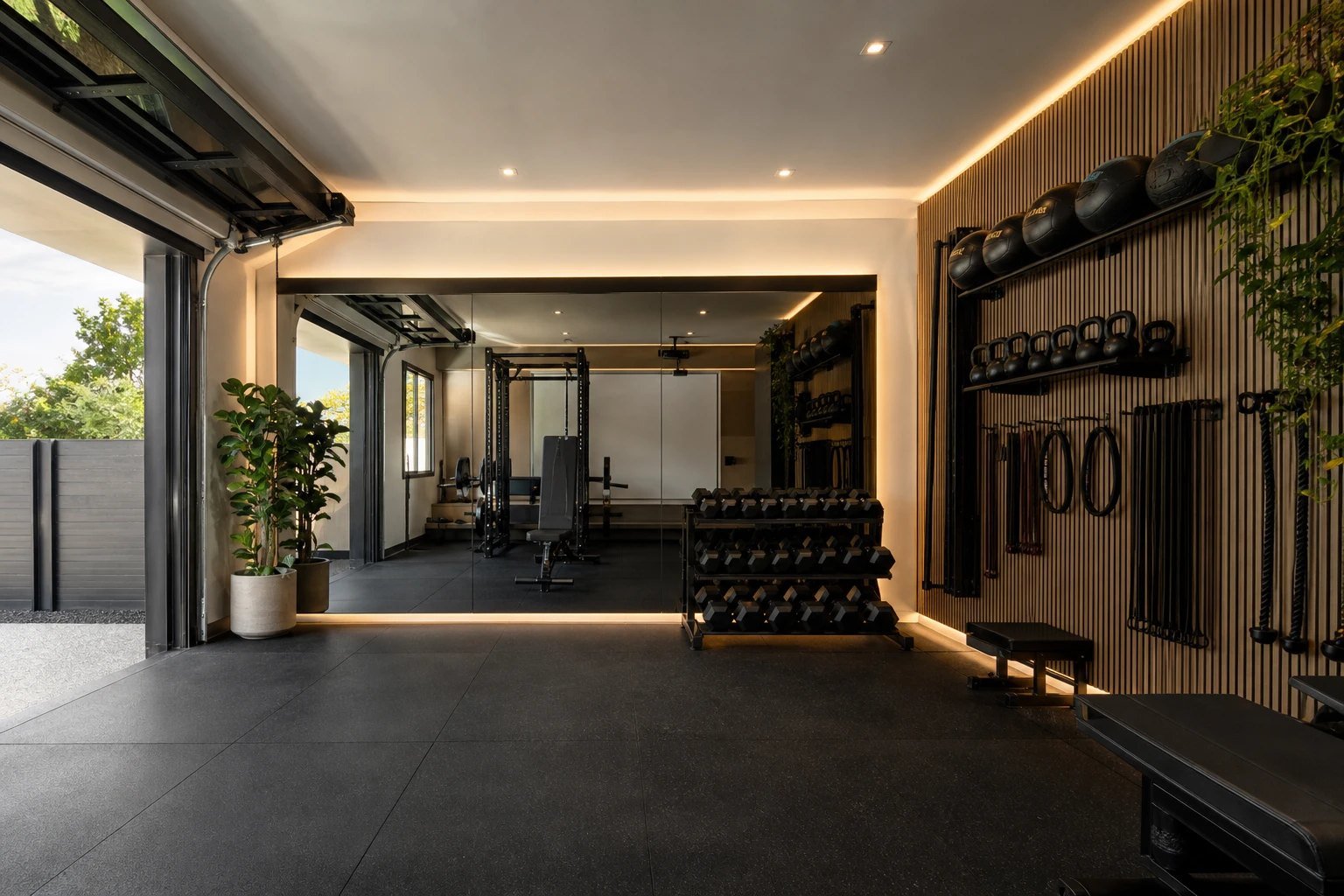 Boutique style garage gym with rubber floor, mirror wall and warm lighting