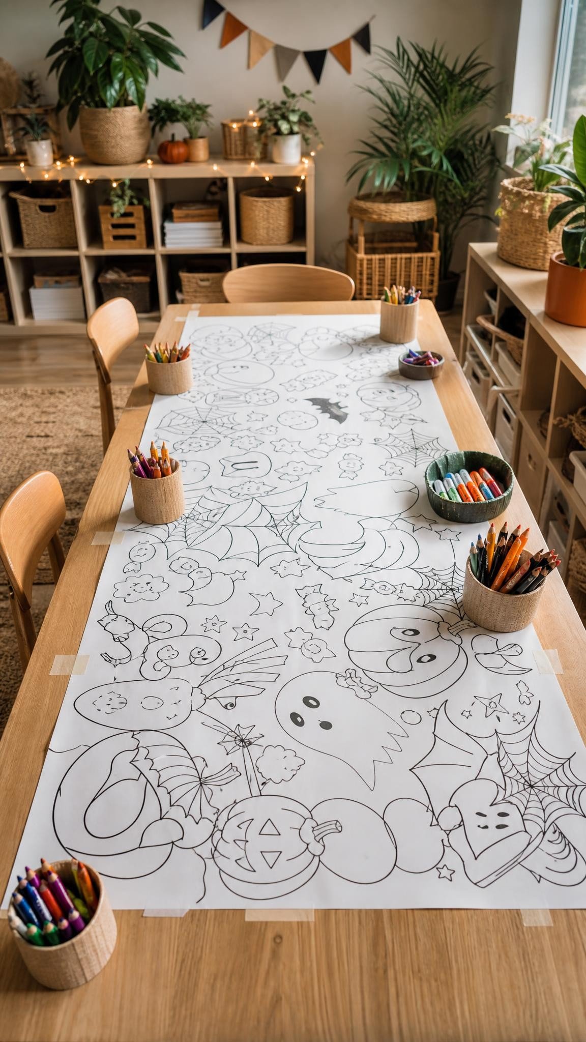Giant black and white Halloween coloring poster taped across a classroom table