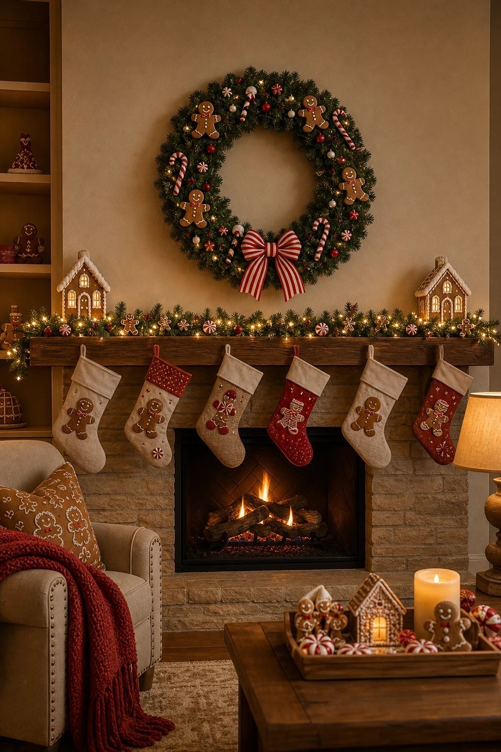 A gingerbread wreath over the fireplace