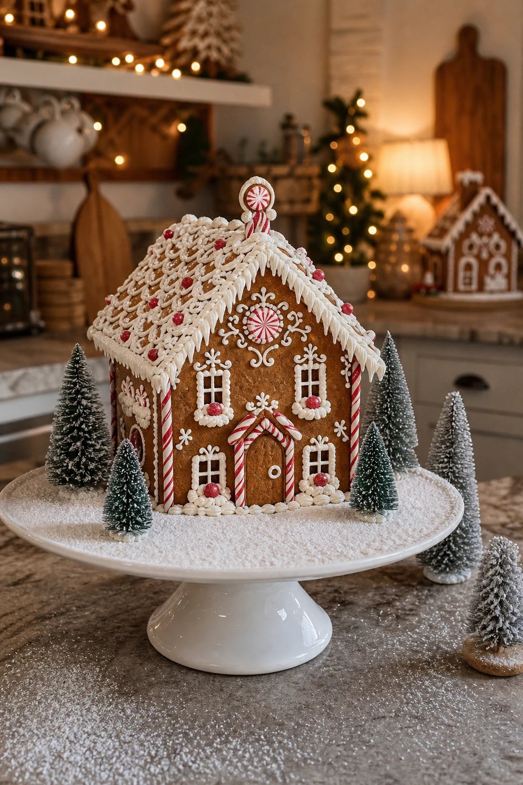 A gingerbread house on the counter