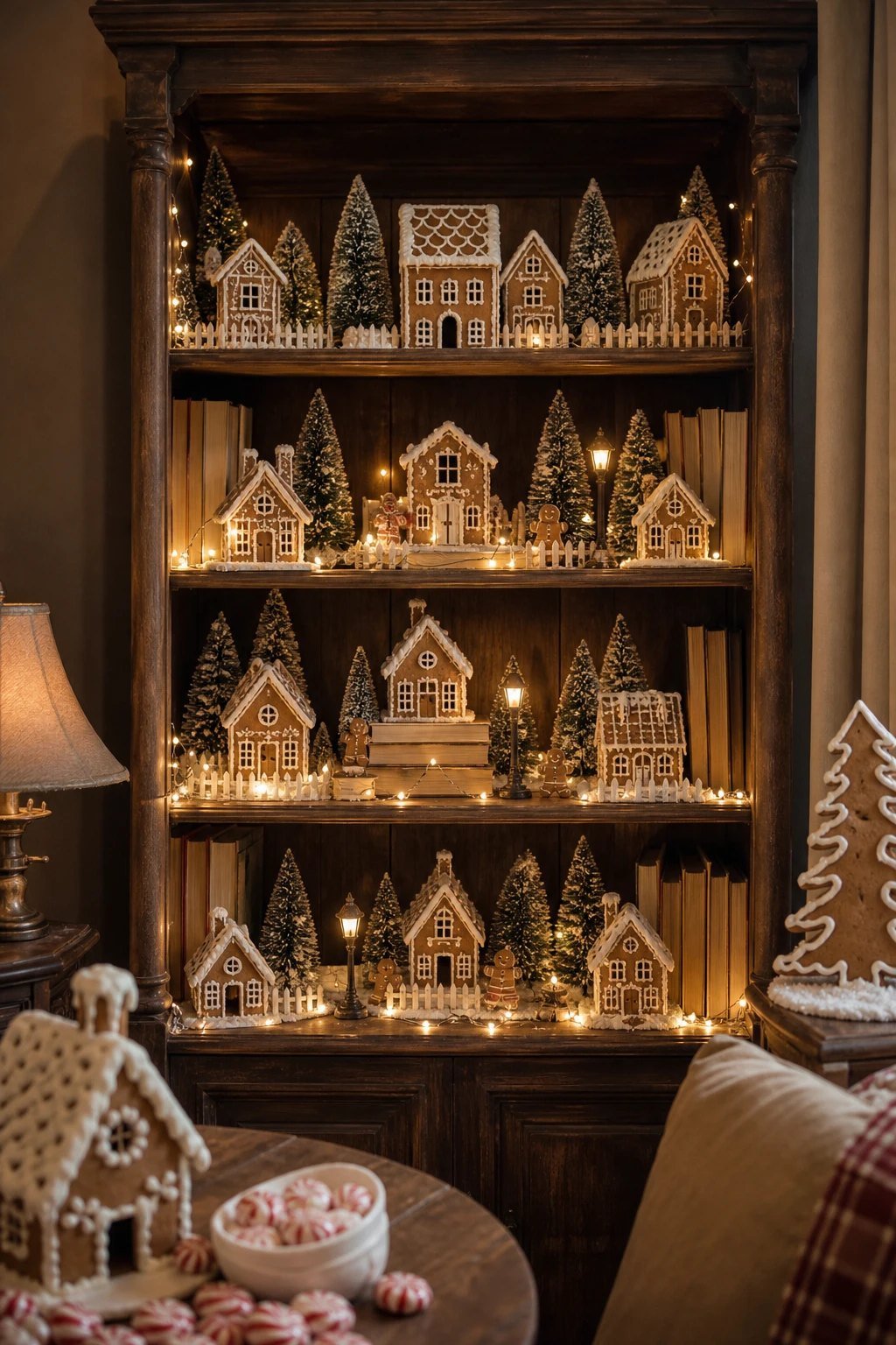 A gingerbread village on a shelf