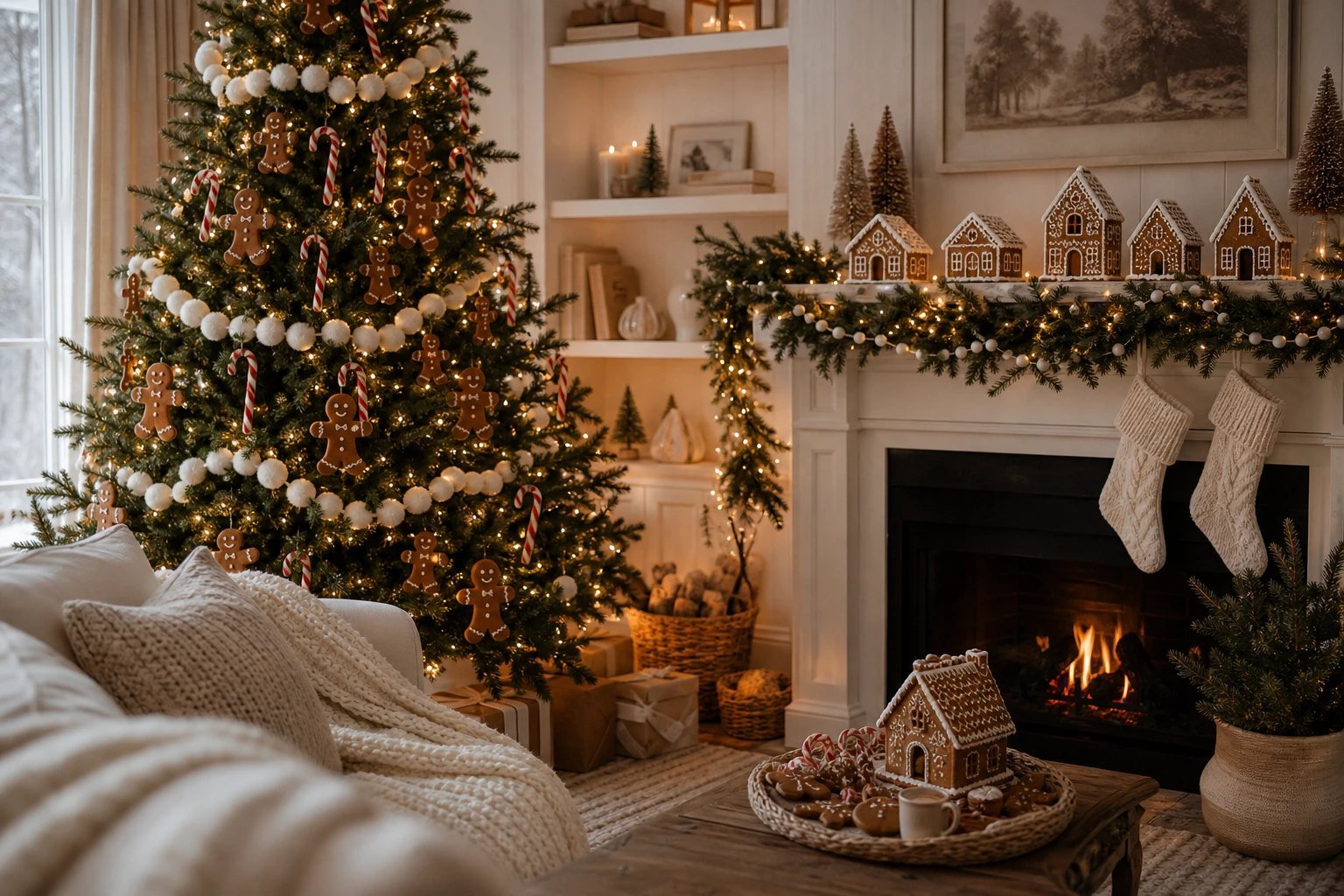 A cozy living room with a gingerbread themed Christmas tree, a mantel garland and warm fairy lights
