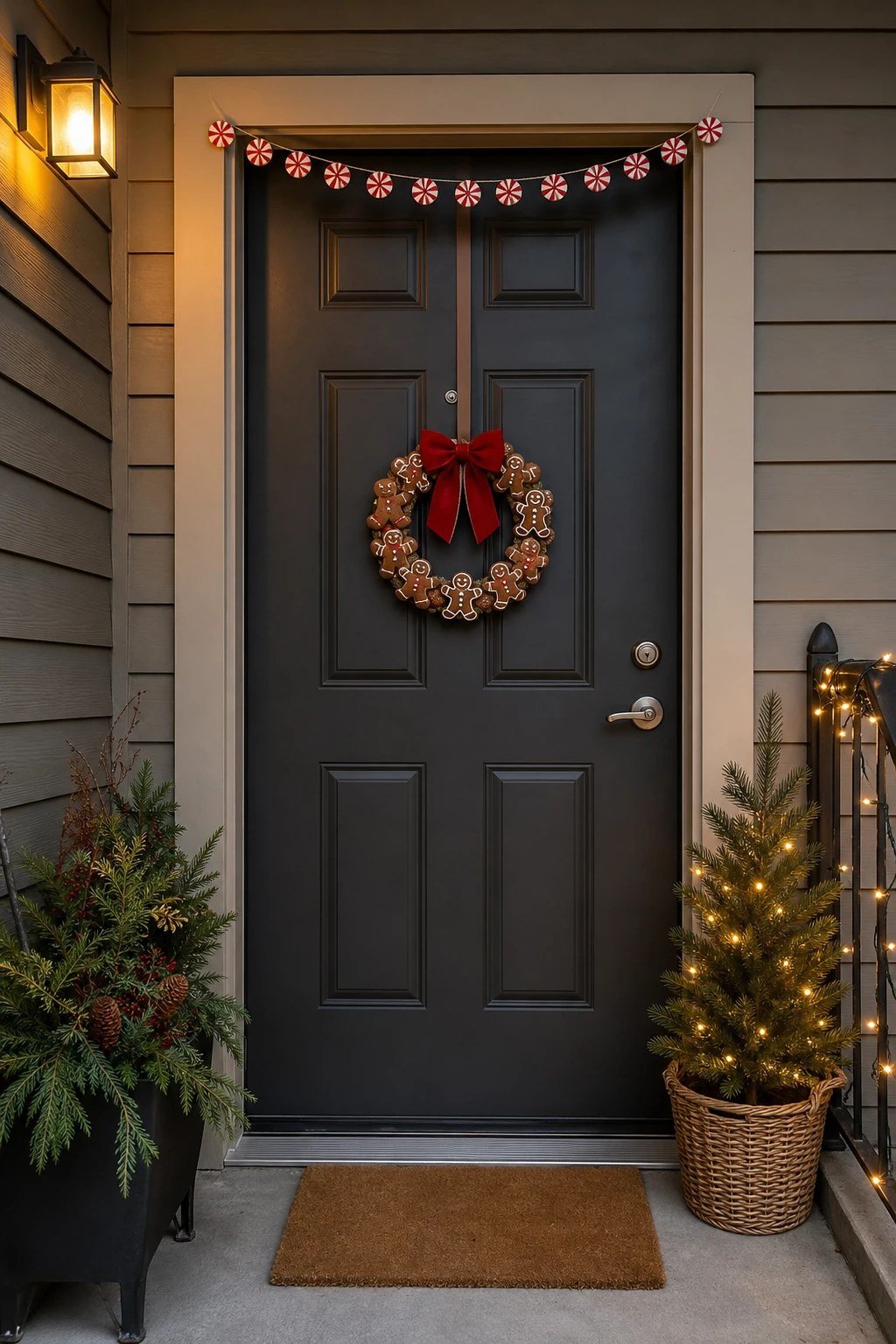 An apartment door with a small gingerbread wreath and peppermint garland