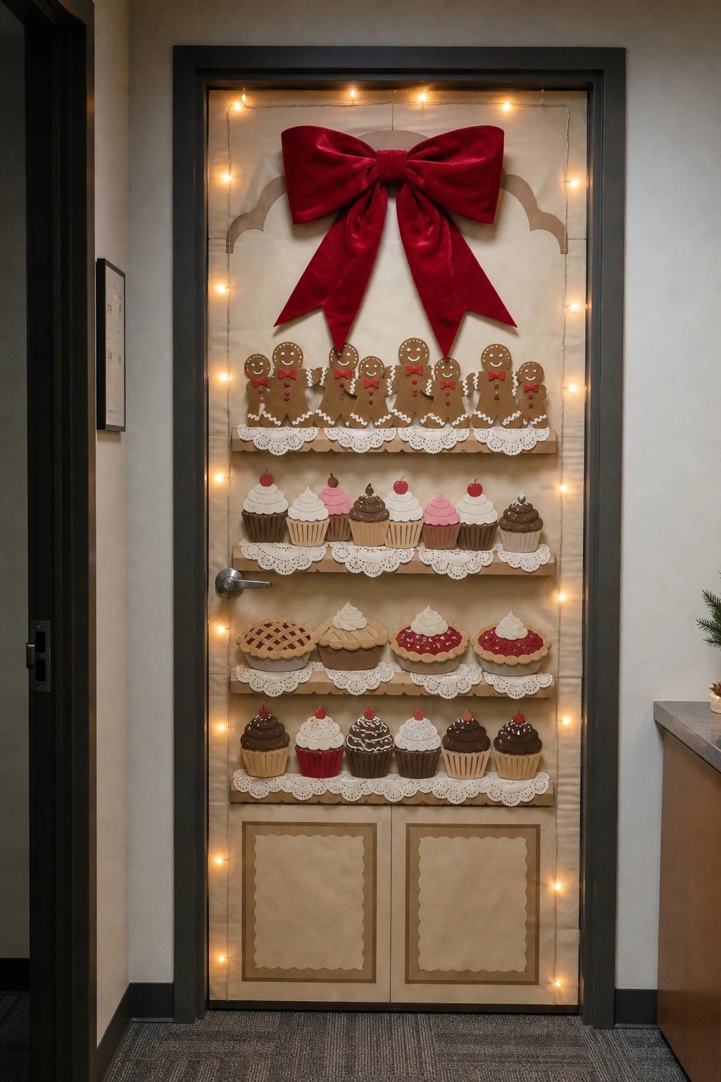 An office door decorated as a paper bakery case full of gingerbread cookies