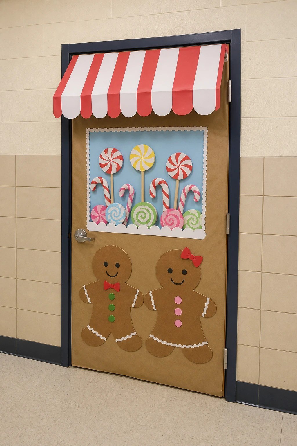 A classroom door decorated as a gingerbread candy shop with a striped awning