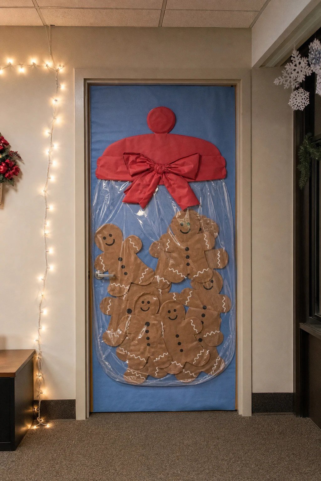An office door with a giant cellophane cookie jar full of gingerbread cookies