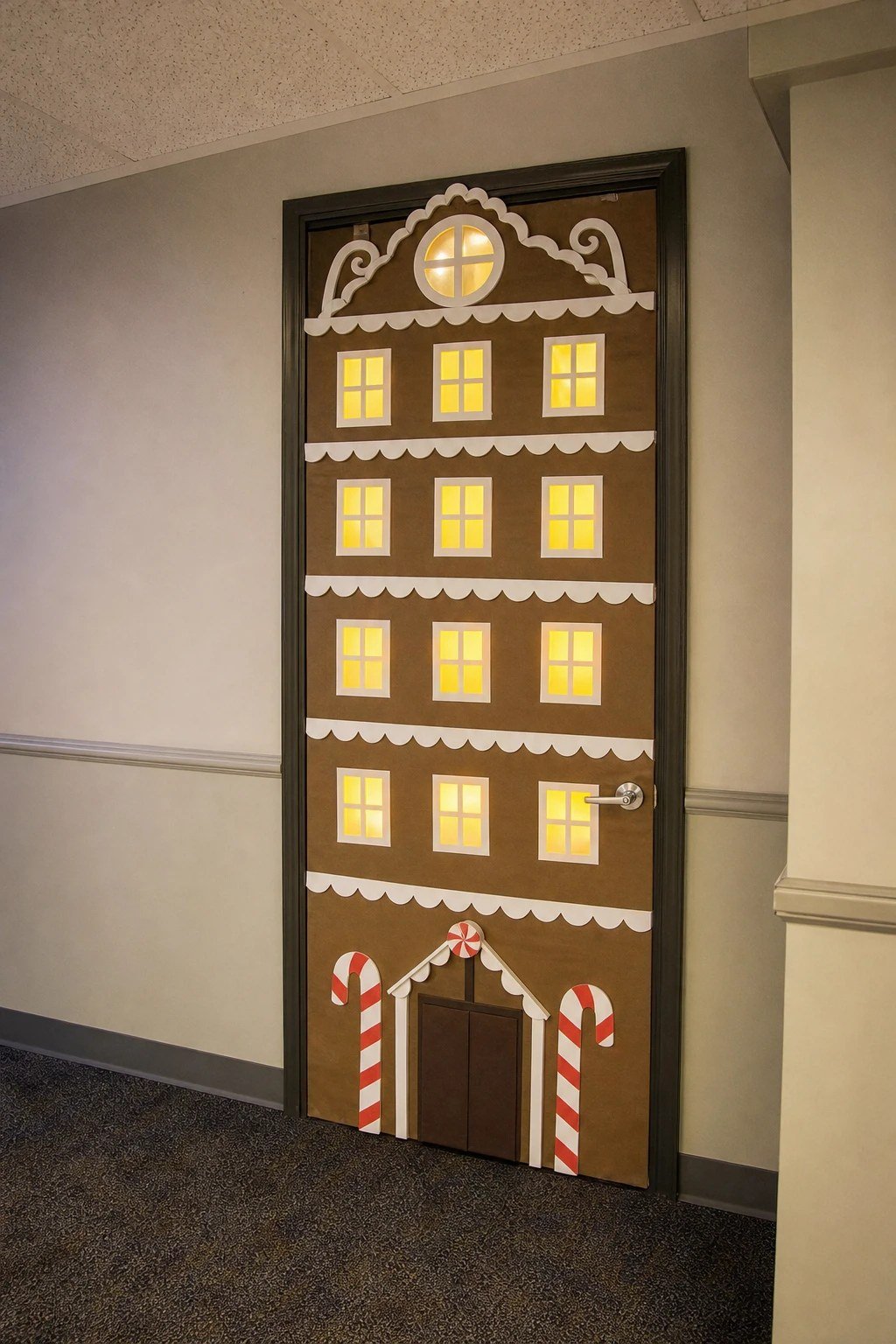 An office door decorated as a gingerbread office building with glowing windows