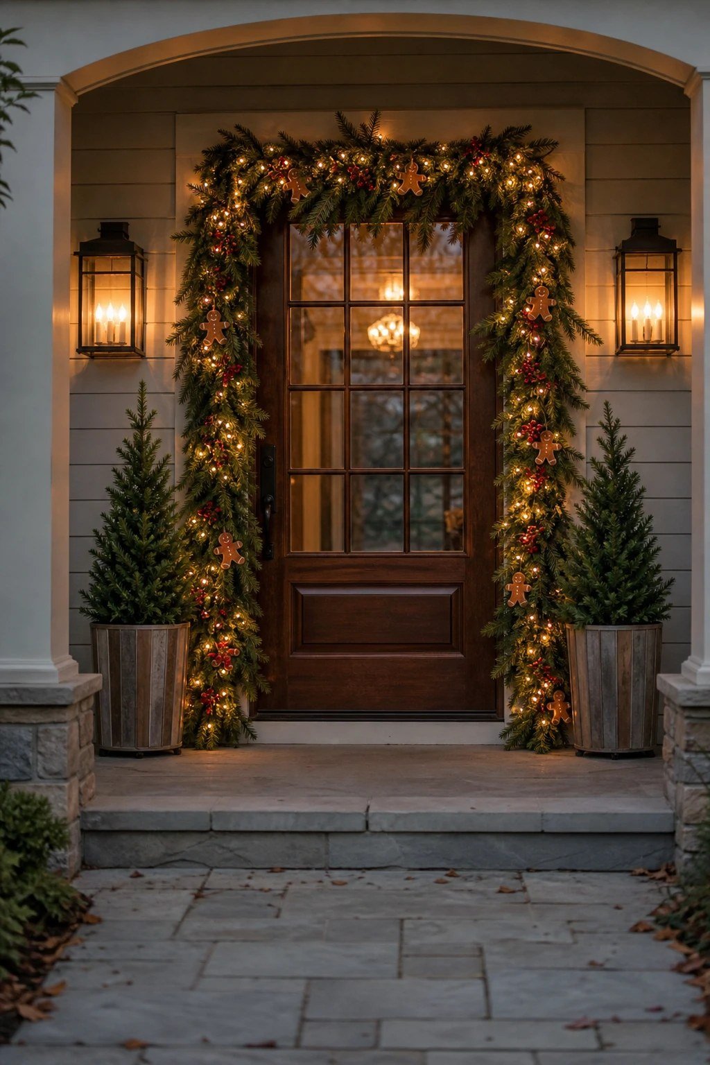 A front door with a pine garland dotted with gingerbread ornaments