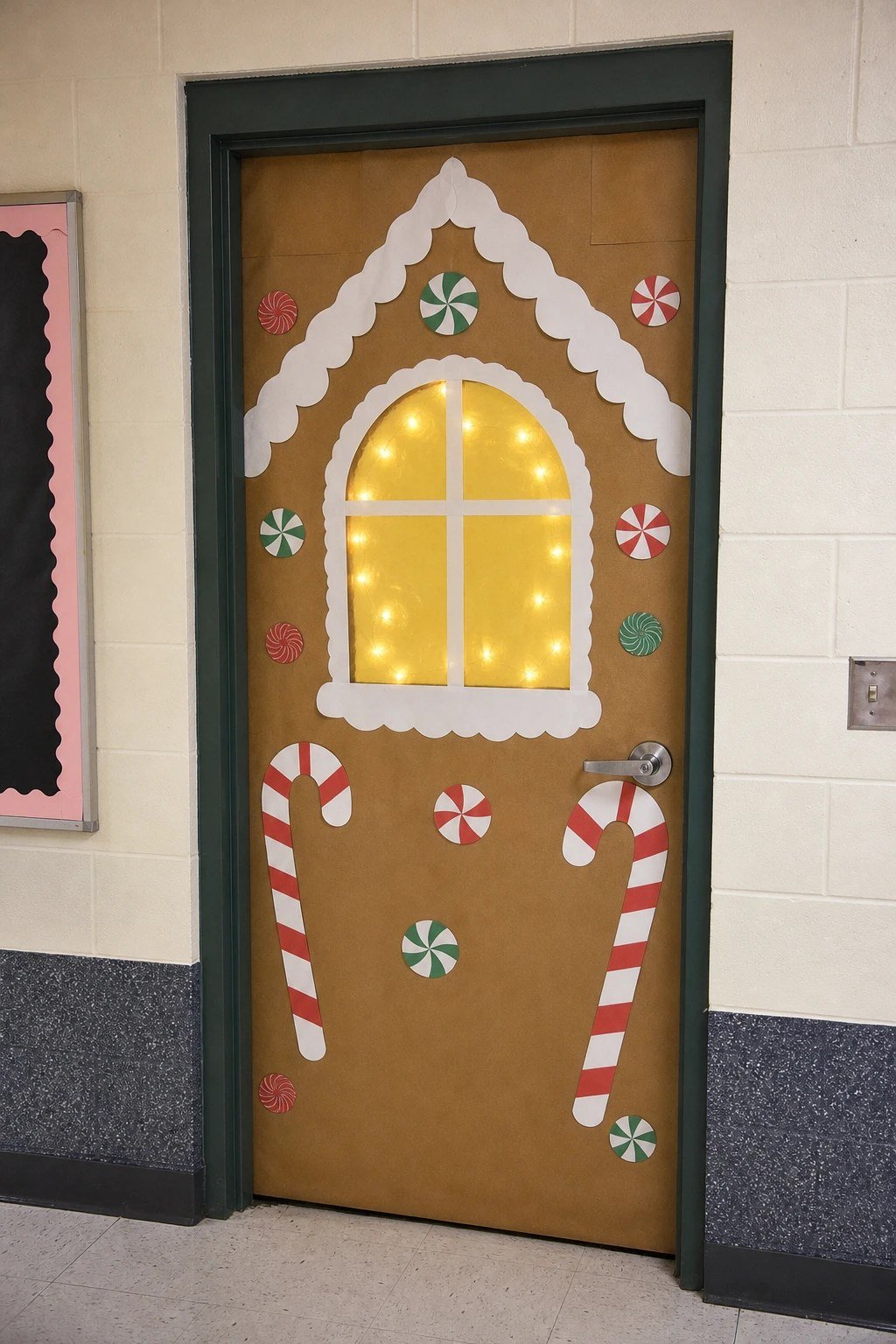 A gingerbread house door with a glowing cellophane window