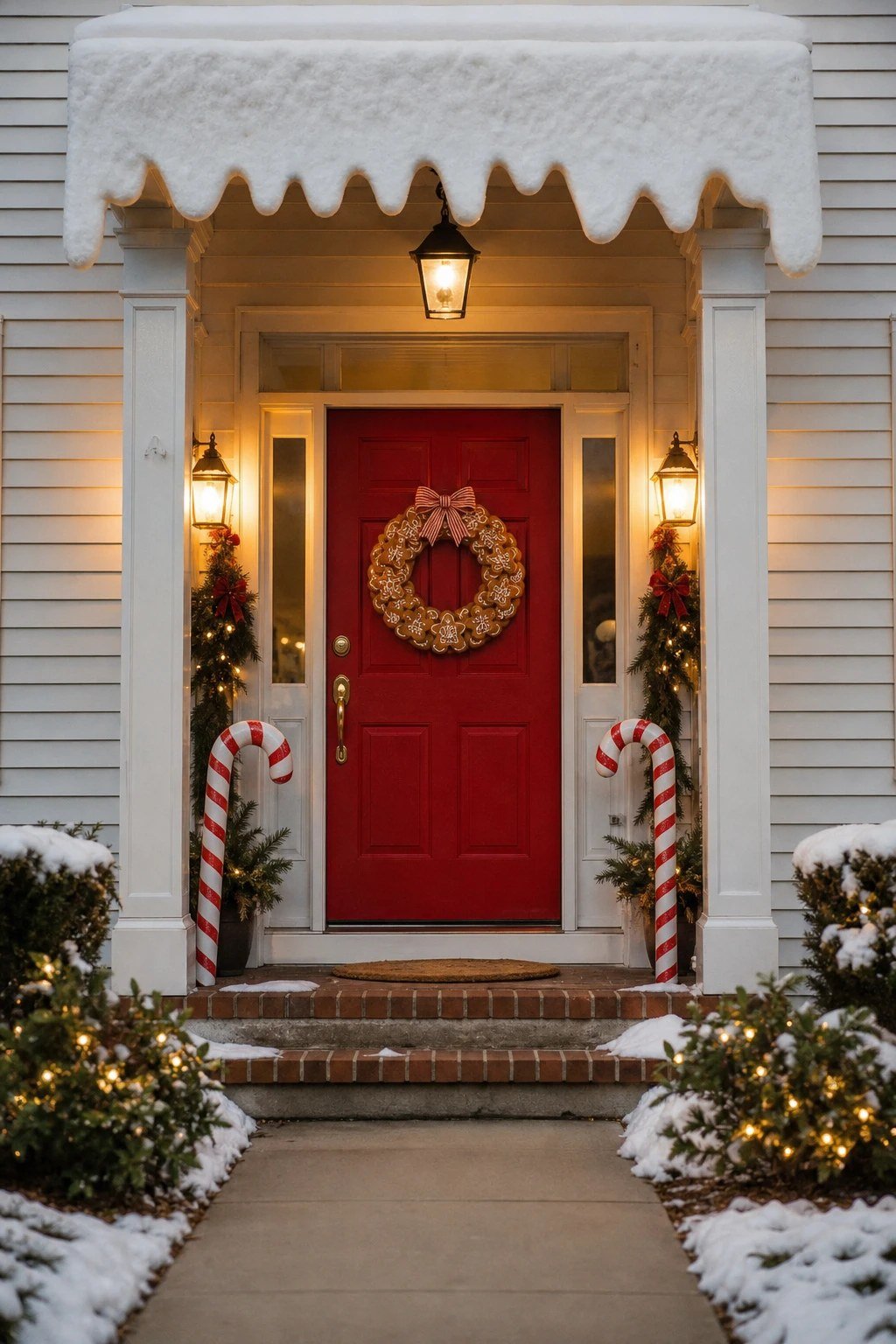 A front door with white icing-like trim along the top of the frame