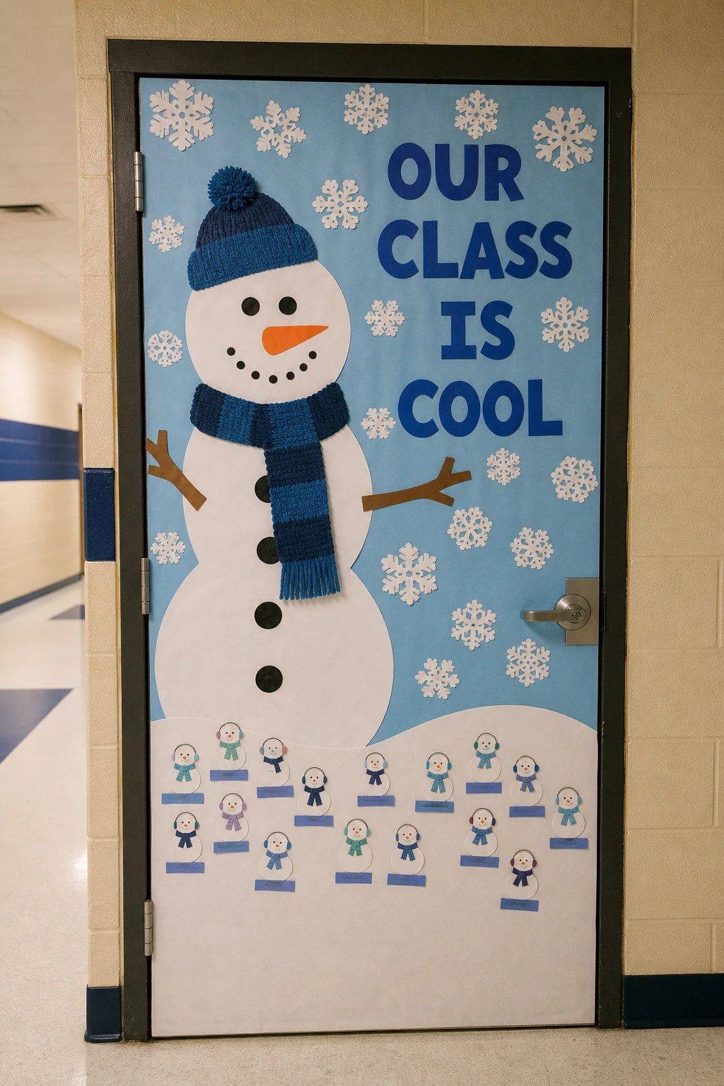 A January classroom door with a paper snowman and an Our Class Is Cool banner