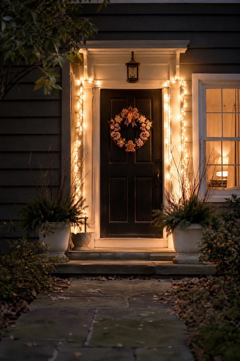 A front door glowing with warm white lights and a gingerbread wreath