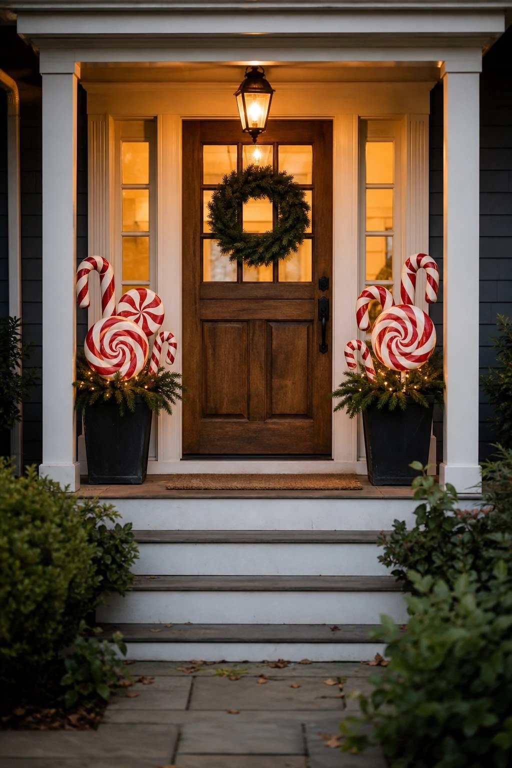 A front porch with oversized lollipops and candy canes beside the door