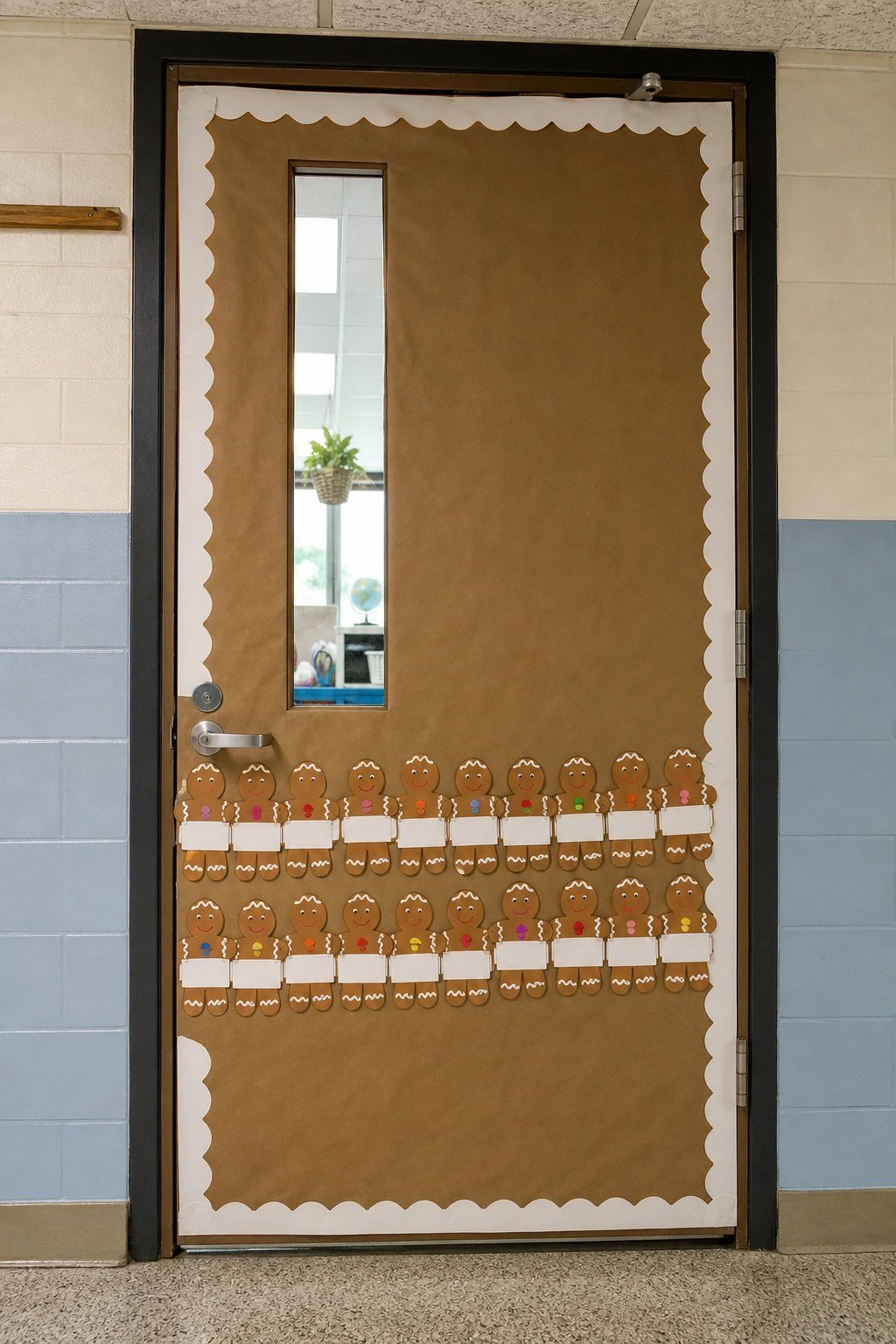 A classroom door with a row of paper gingerbread friends holding name tags