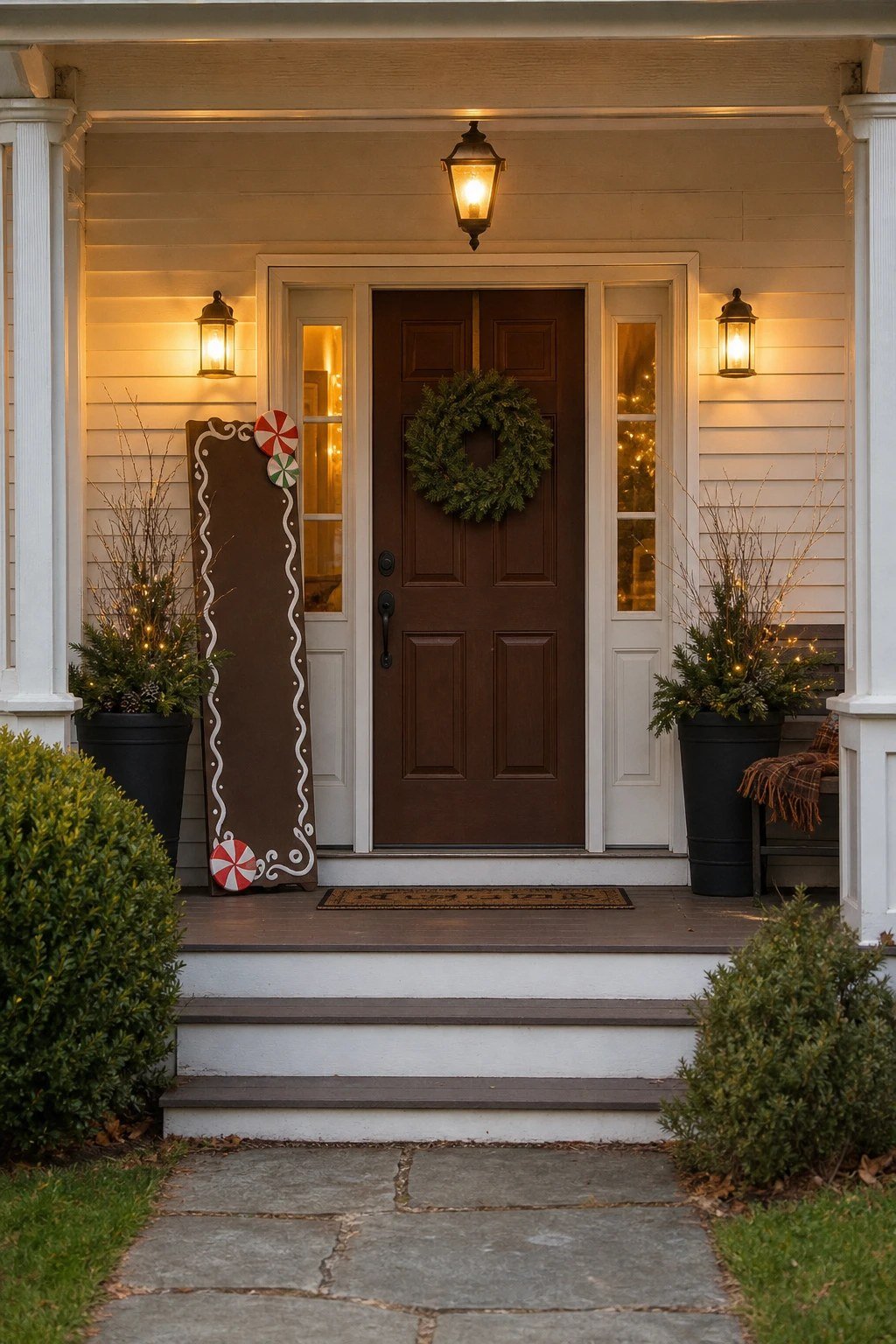 A front porch with a handmade gingerbread style welcome board