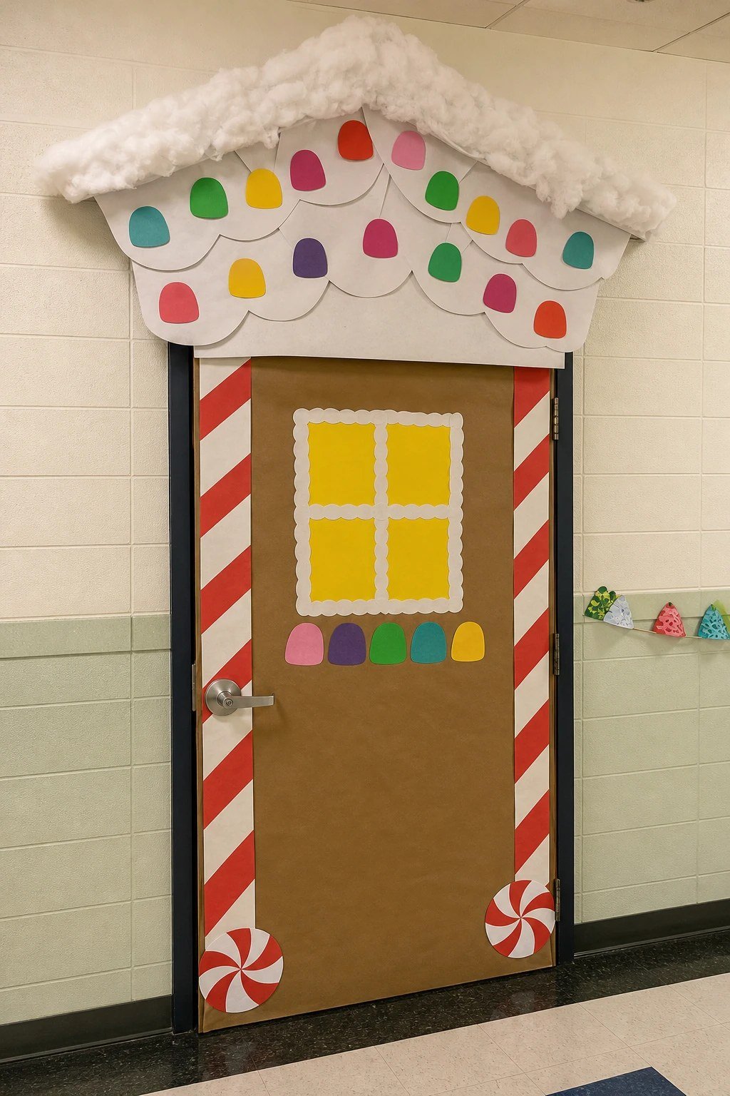 A gingerbread door roof topped with fluffy snow