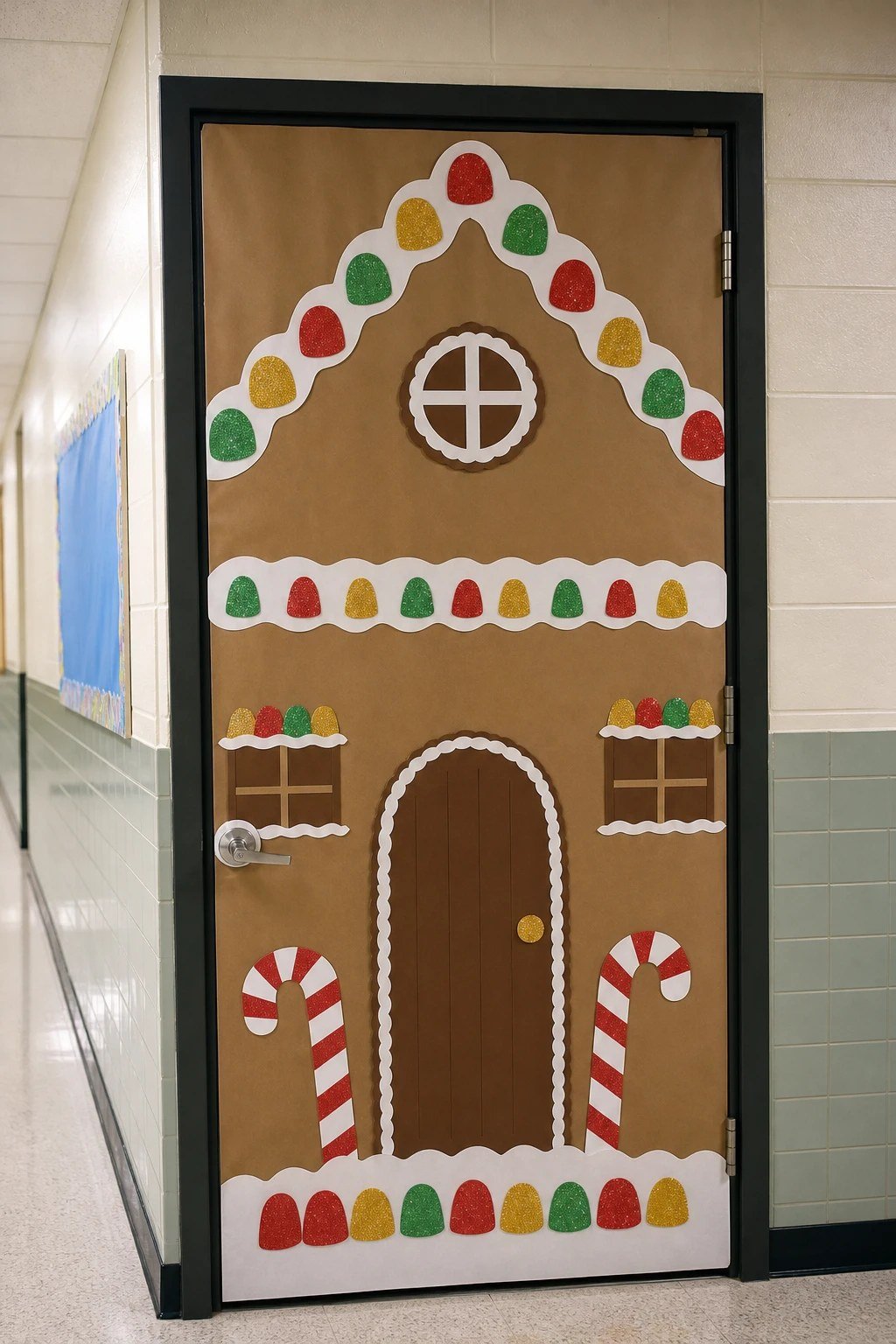 Sparkly glitter foam gumdrops on a gingerbread door