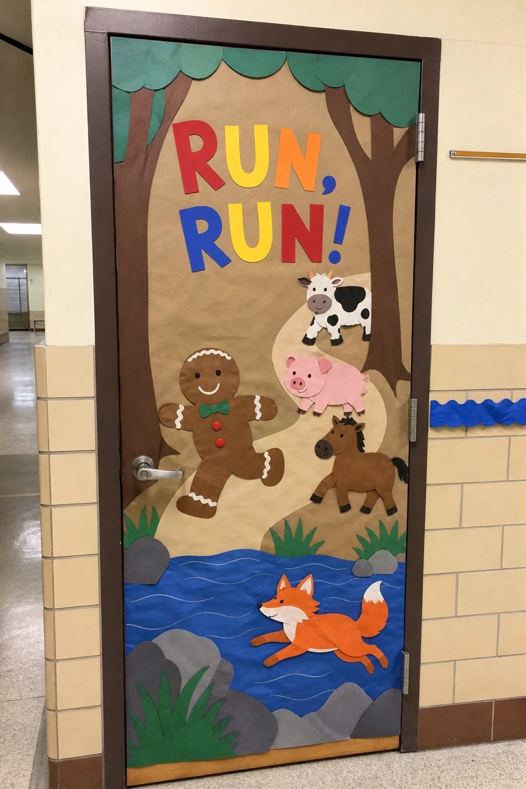 A kindergarten door telling the gingerbread man story with paper characters