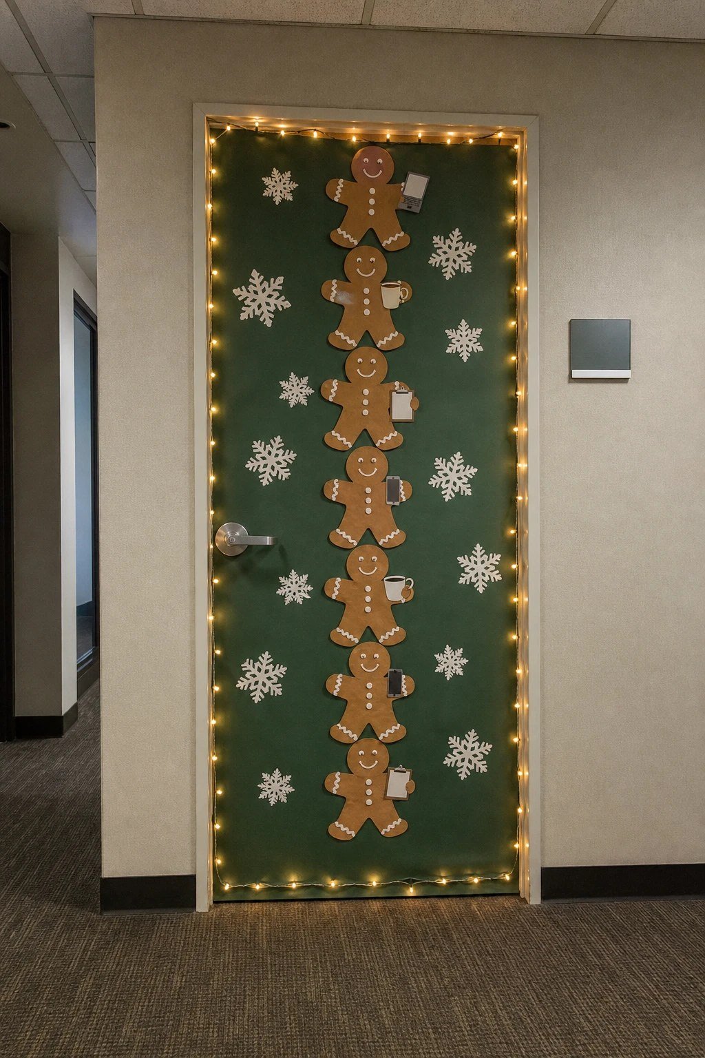 An office door with a team of paper gingerbread people holding work props