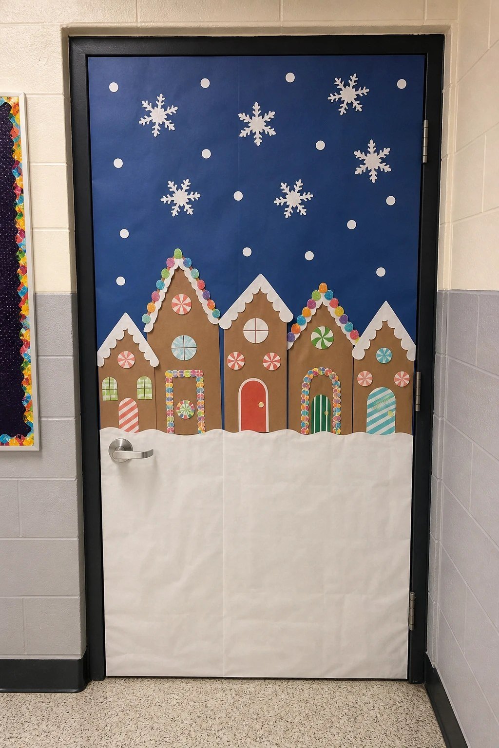 A classroom door decorated as a gingerbread village of small paper houses