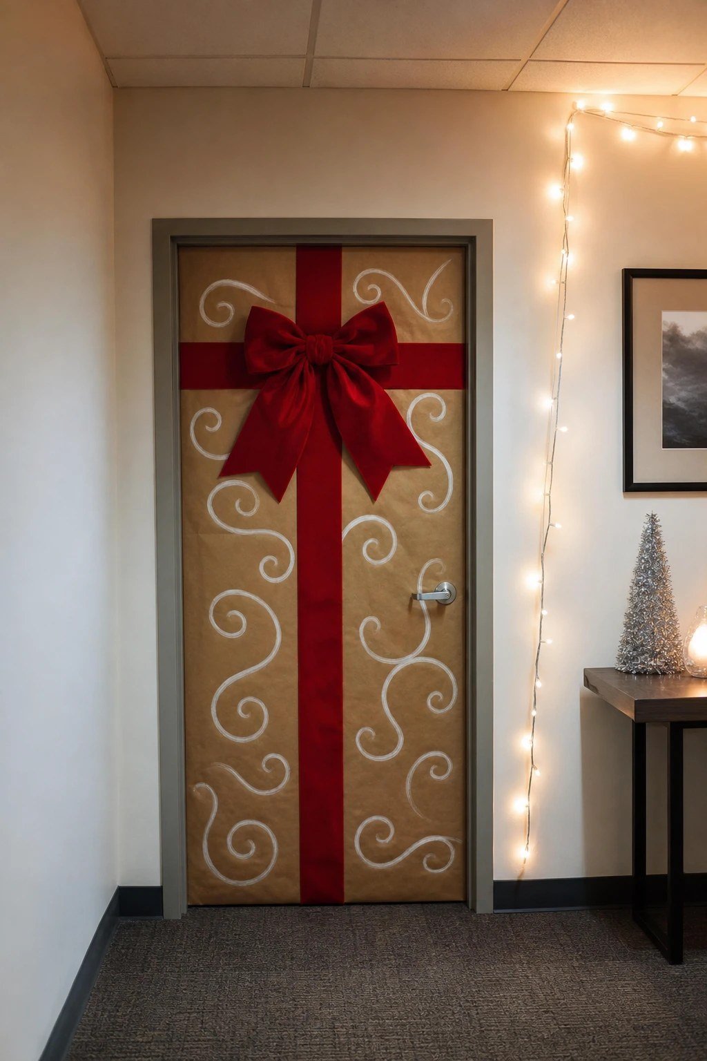 An office door wrapped like a gingerbread present with a red bow
