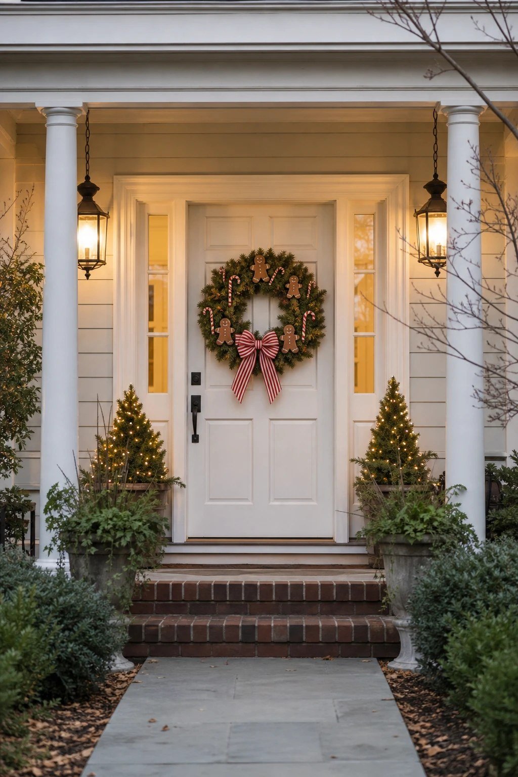 A front door with a green wreath decorated with gingerbread ornaments
