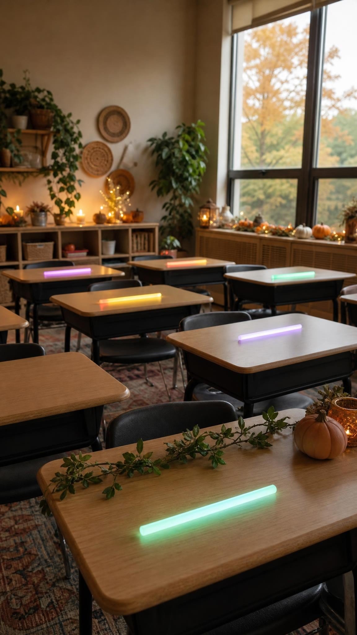 Dim classroom with glow sticks on desks for a calm breathing activity