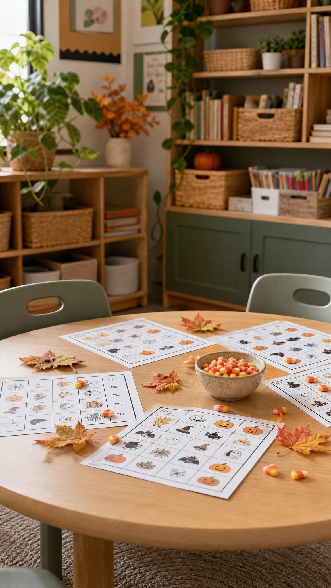 Halloween picture bingo station with candy corn counters