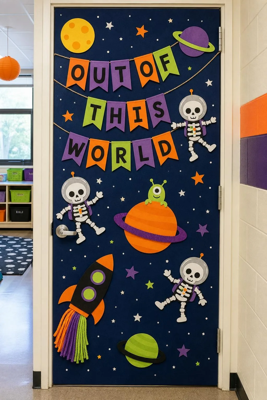 Cosmic Catacombs: Galaxy Meets Graveyard: Halloween classroom door decoration