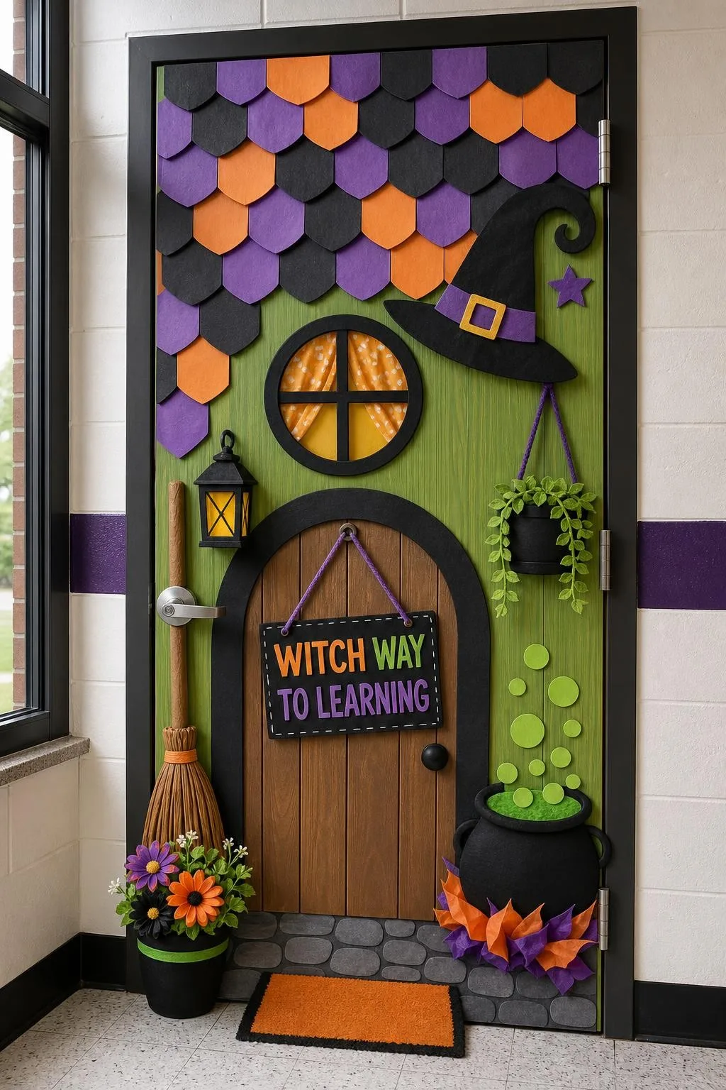 Cozy Witch’s Cottage Door: Halloween classroom door decoration