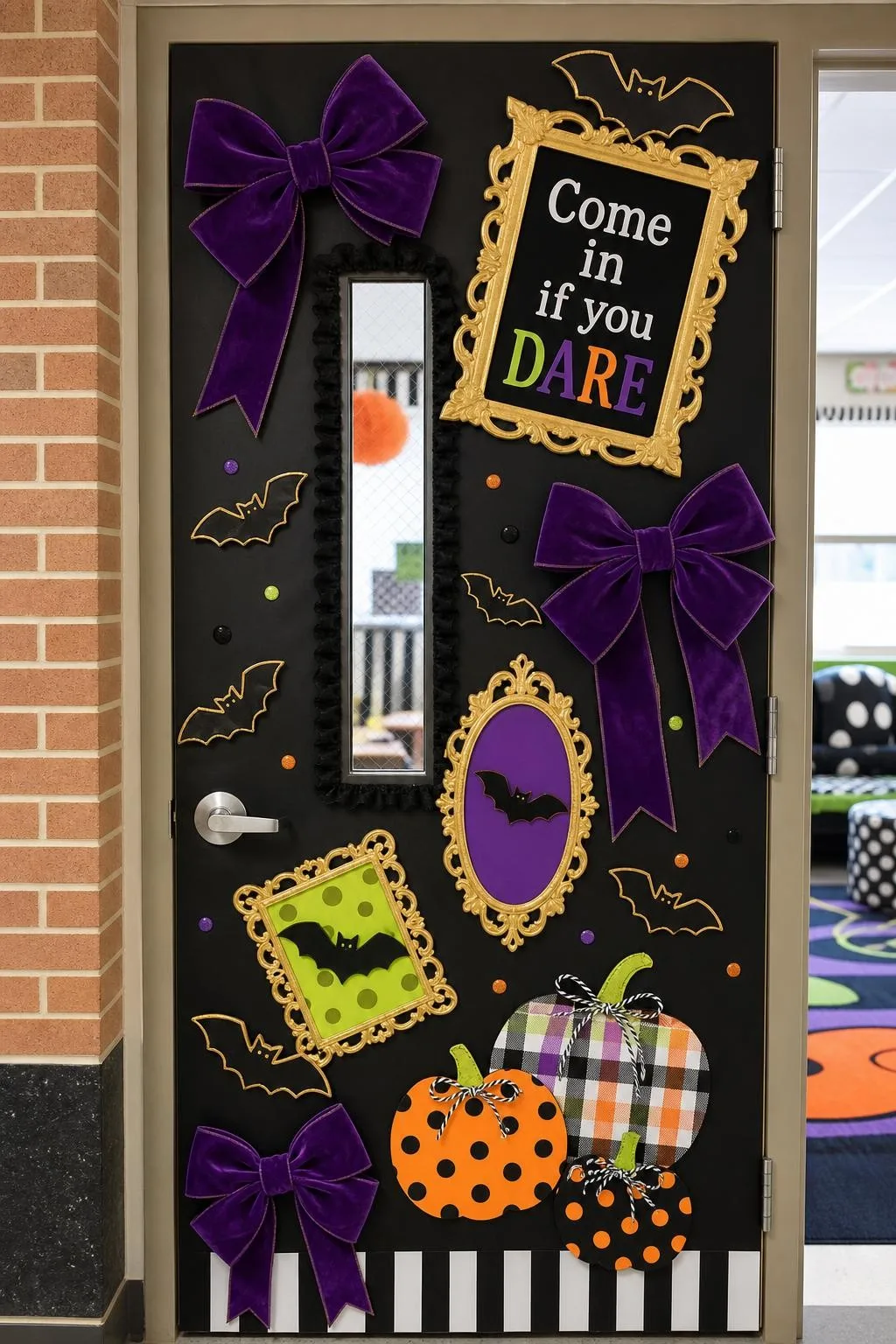 Gothic Glam Door With Velvet Ribbons: Halloween classroom door decoration