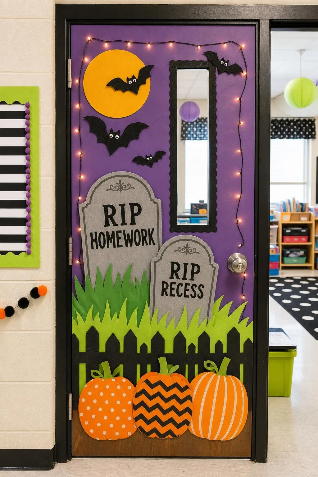 Graveyard Glow With DIY Tombstones: Halloween classroom door decoration